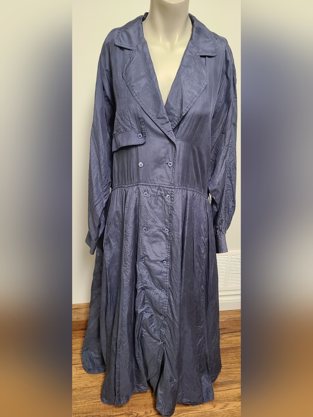 Vintage Shiny Navy Button-Front Coat Dress